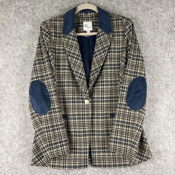 Susan Graver Tailored Jacquard Knit Blazer Women Medium Plaid Elbow Patch Career - Picture 1 of 16
